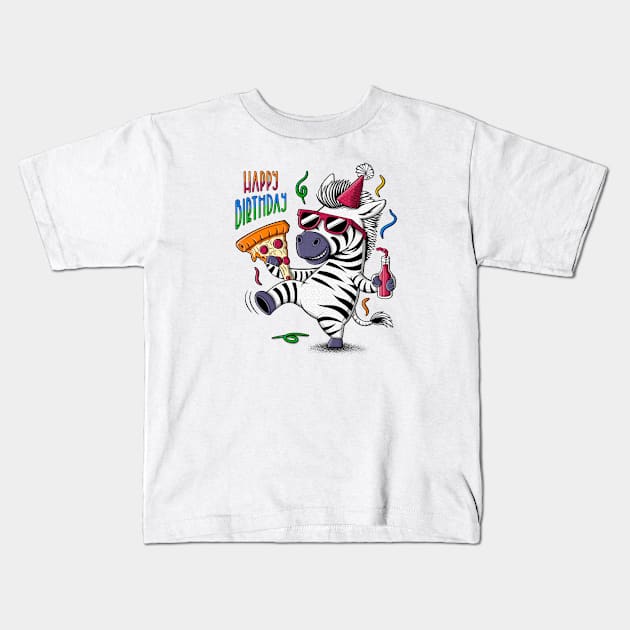 Zebra illustration in a party hat and sunglasses holding a pizza and a bottle. Happy birthday greeting Kids T-Shirt by ilhnklv